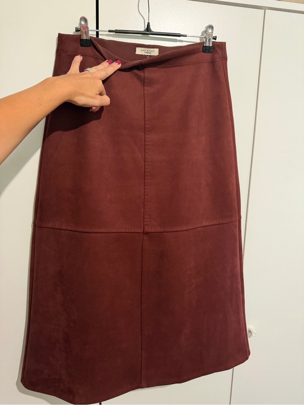 Max Studio Burgundy Suede-Effect Midi Skirt